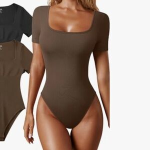 Brown OQQ square neck bodysuit S